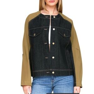 Avec Les Filles Mixed Media Denim Bomber Jacket Size Medium NWT